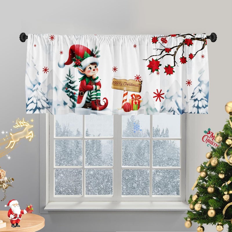 SUNWISHA Christmas Curtains Valance 52x18 inch Poinsettia Snow Scenery Merry Christmas Festive Valances Bathroom Bedroom Windows Decor - Rod Pocket Holiday - Image 3